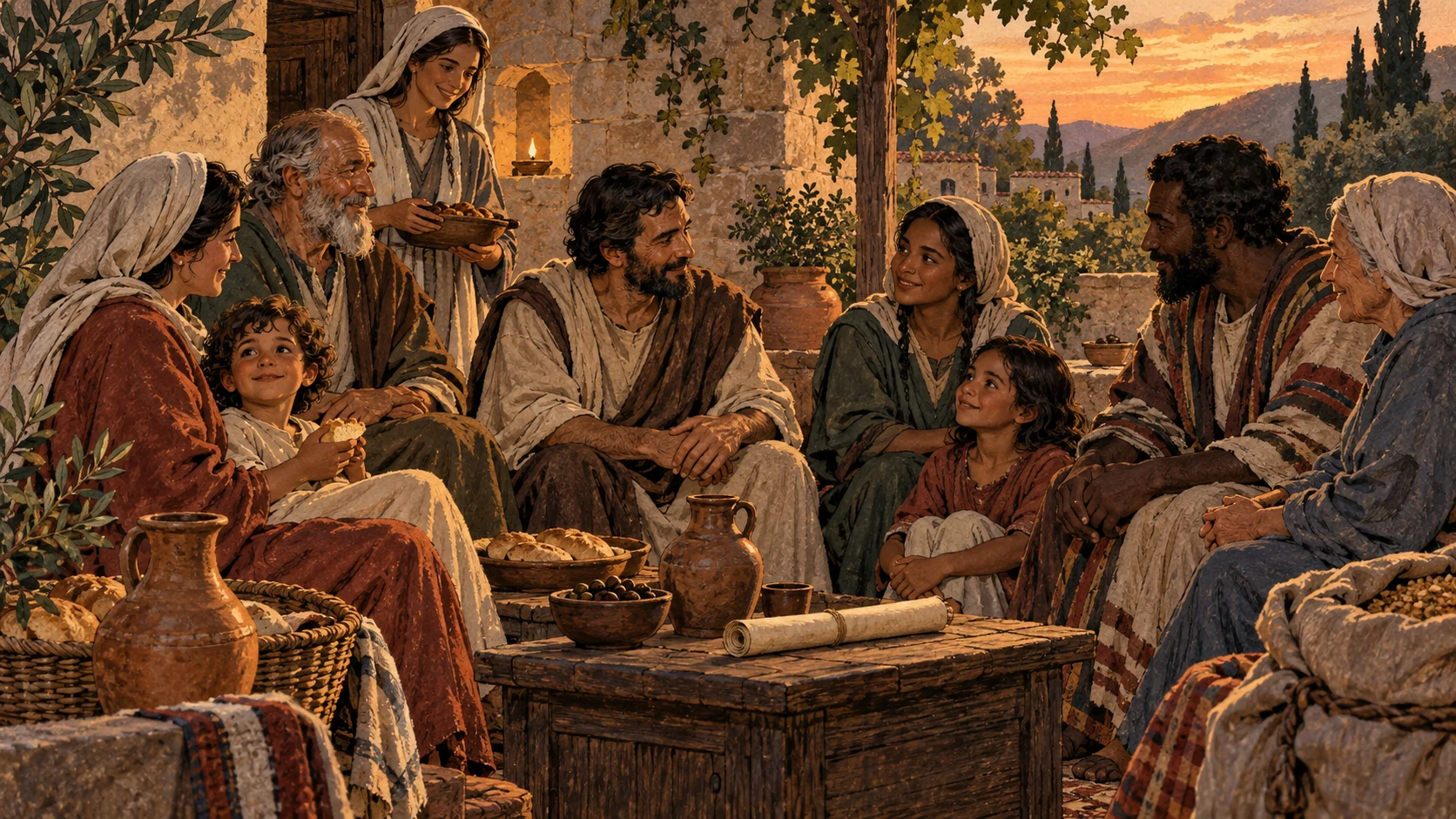 A mixed-age household gathers peacefully around a low table at evening with a blank rolled letter nearby.