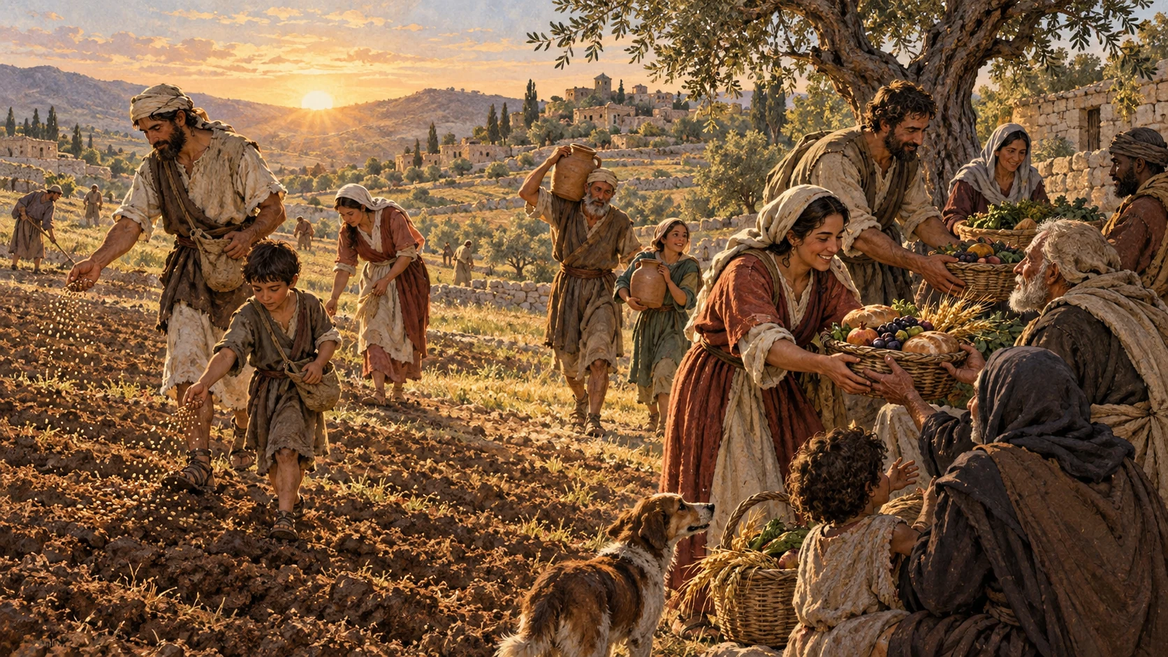 A farming household sows seed and distributes harvest produce to neighbors.