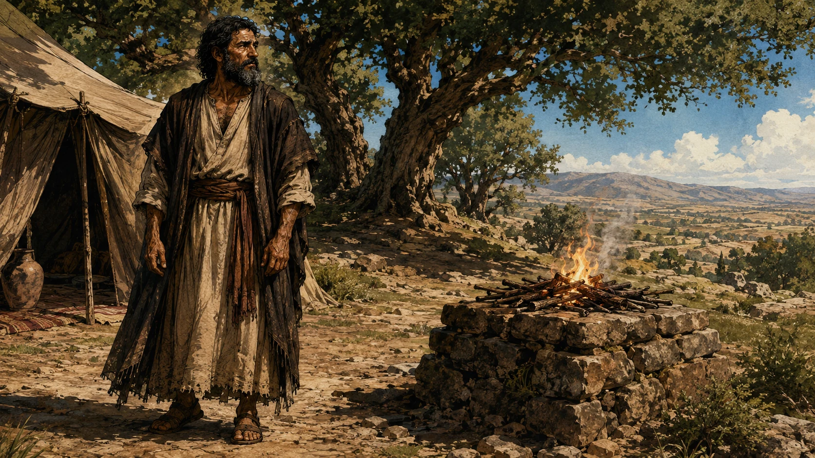 Abram beside his tent and a simple altar near the great trees of Mamre.