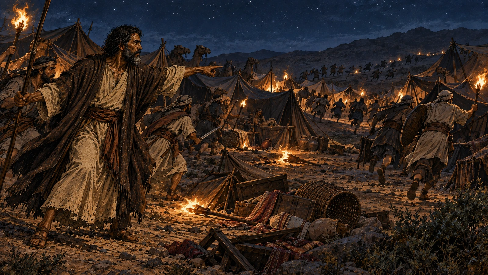 Abram directs a divided night attack as his men enter the enemy camp from two sides and the captors flee toward the hills.
