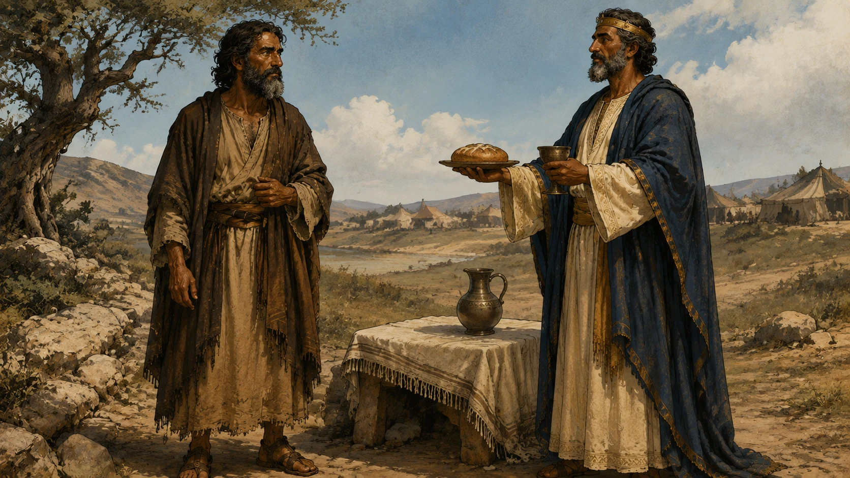 Melchizedek presenting bread and wine to Abram in a dignified open-air meeting.