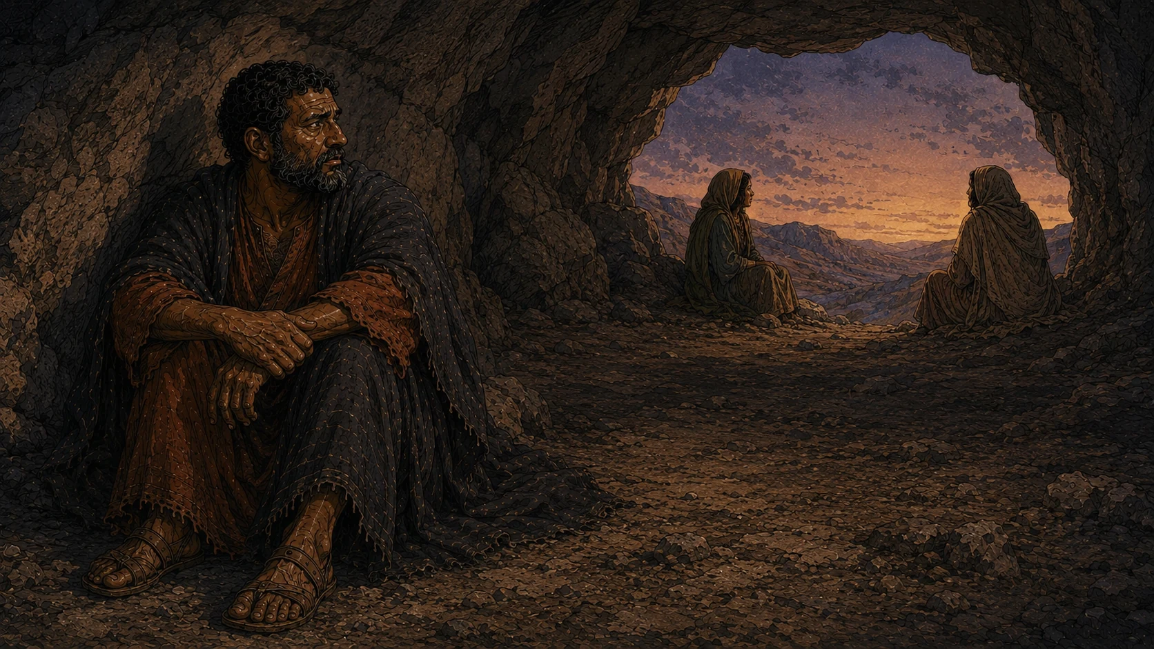 Lot sits alone in the foreground inside a dim mountain cave, his two adult daughters seated separately far in the background near the opening, all fully clothed in the same modest traveling garments as reference. Bleak isolation and fear after leaving Zoar. No sexual action, embrace, nudity, or sensational staging.