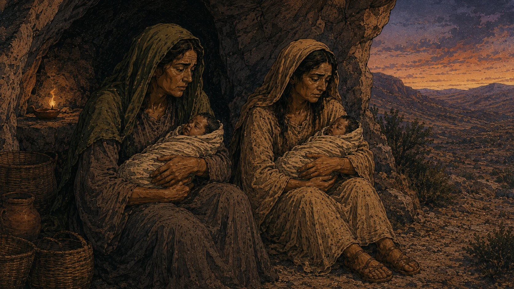Disclosed family-history aftermath: Lot's two adult daughters in their same modest garments, each cradling a fully swaddled infant outside a mountain cave. Lot is absent. Quiet somber domestic scene, no sexual action, nudity, birth procedure, or romantic framing.
