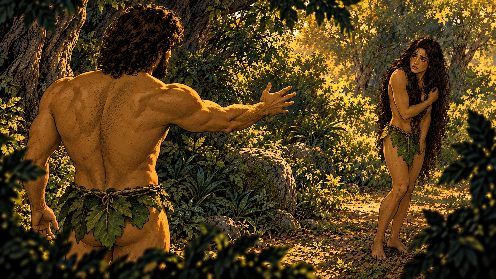 Adam points toward Eve while answering.