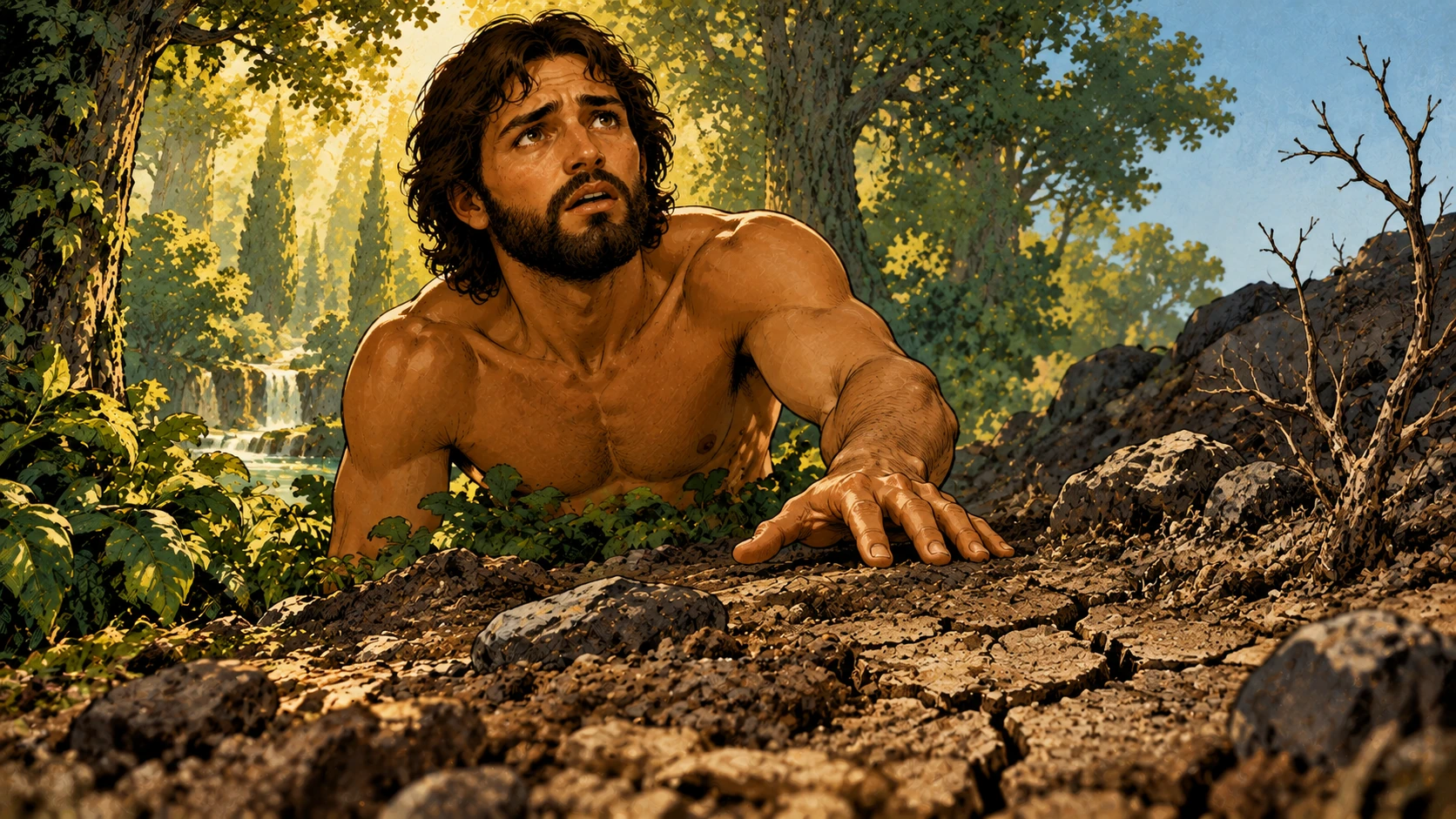 Adam reaches toward the cursed ground.