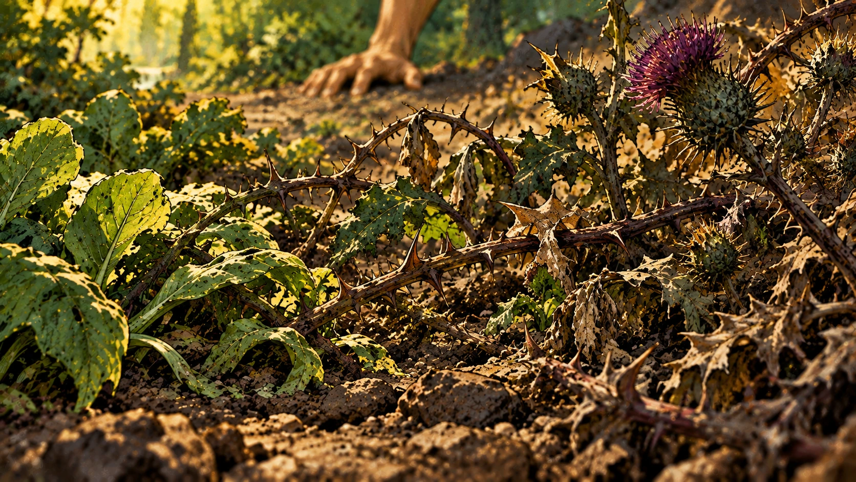 Thorns and thistles spread through the soil.