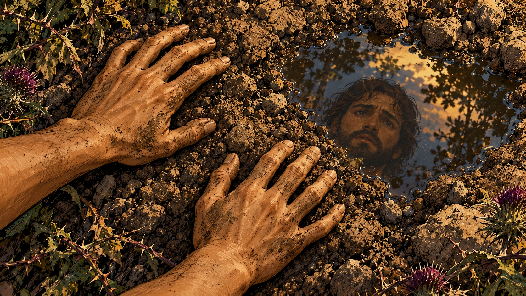Adam studies dust in his hands.
