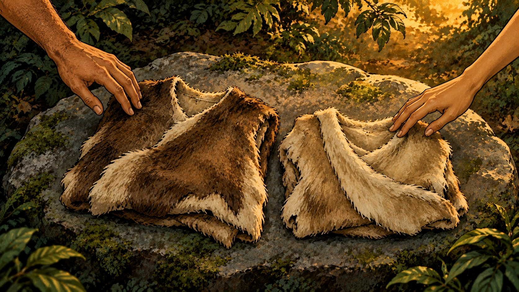 Skin garments lie ready for Adam and Eve.