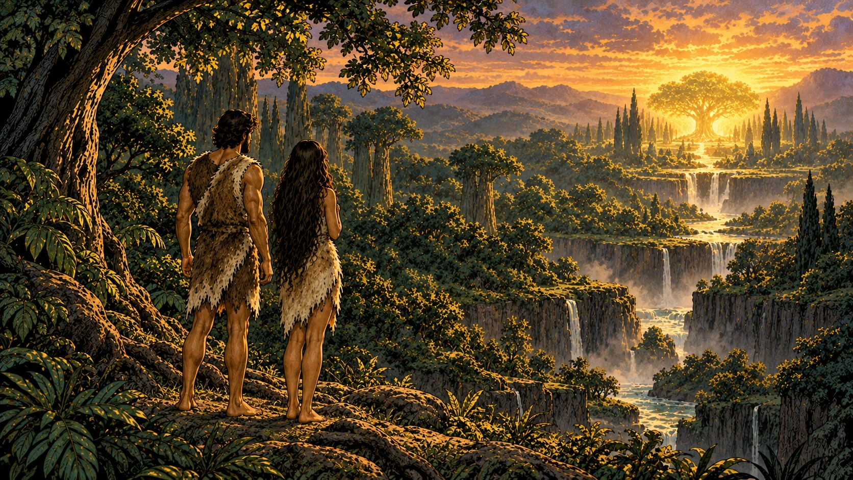 Adam and Eve look back toward the tree of life.