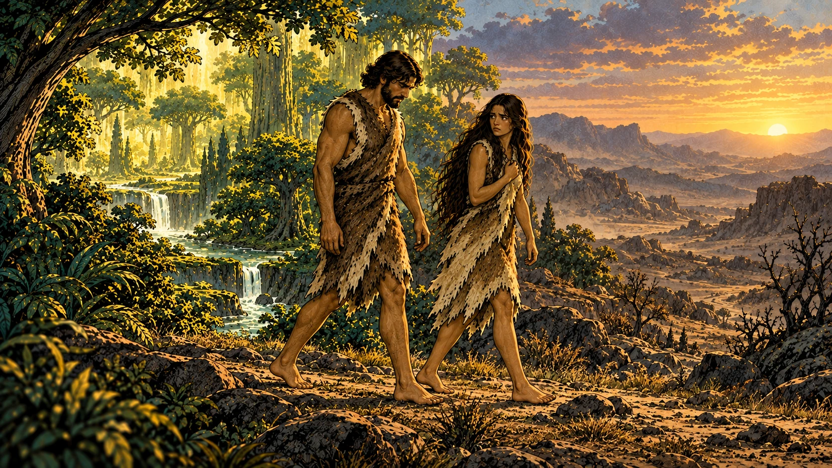 Adam and Eve move away from the garden.