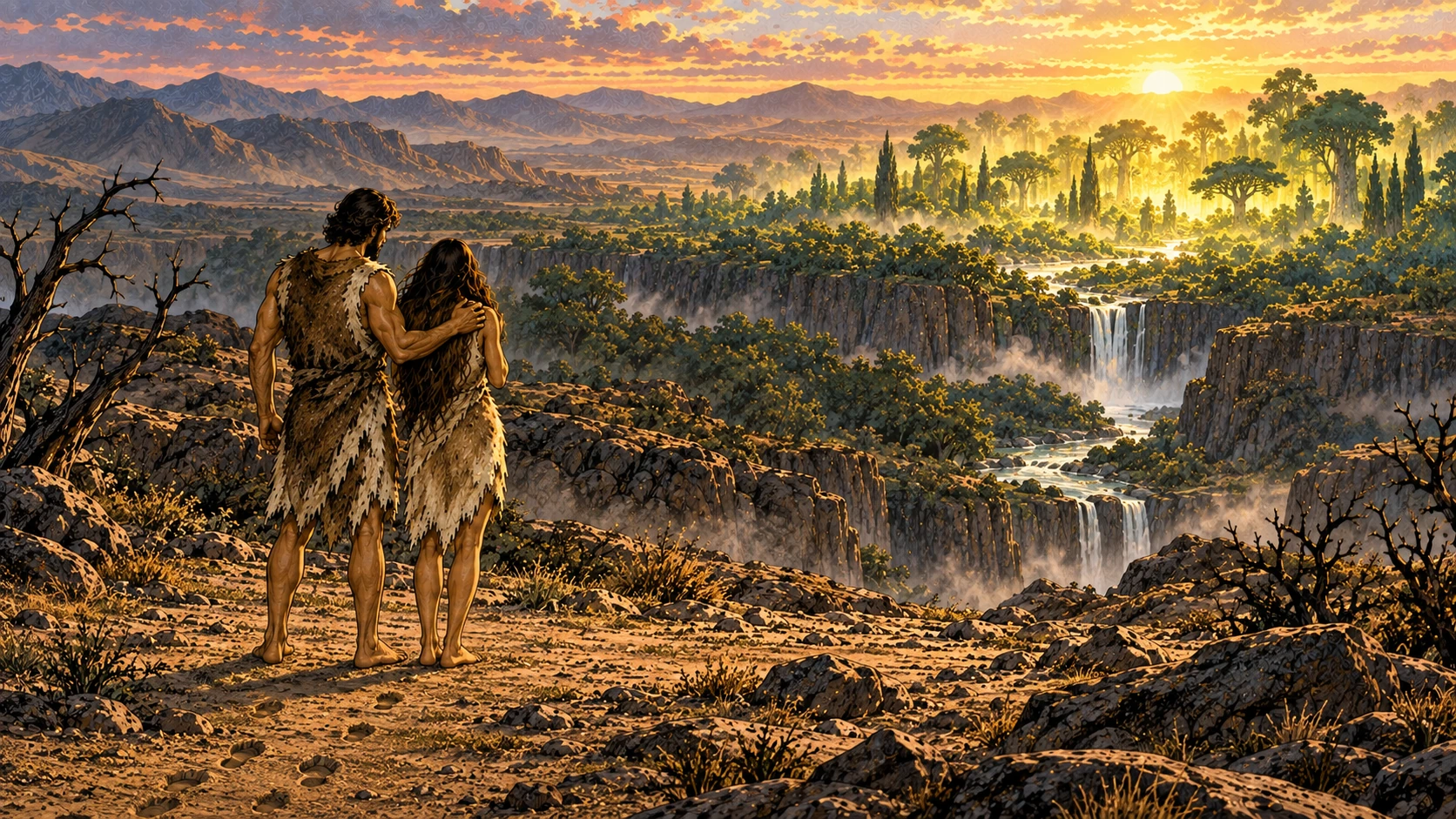 Adam and Eve look back from outside Eden.