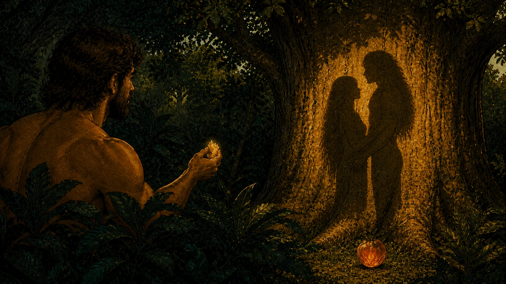 Graphic-novel shadow scene implying Eve and the human-adjacent serpent in a private embrace while bearded Adam receives a torn piece of fruit.