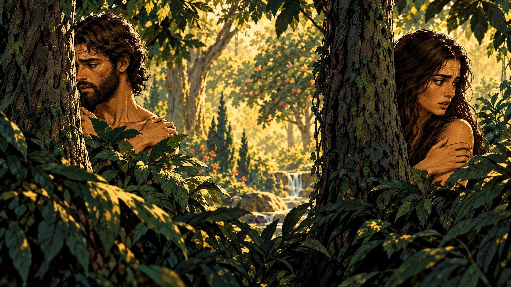 Adam and Eve turn away in sudden shame.