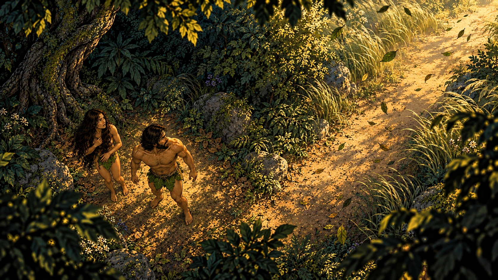 The couple hears a presence in the garden.