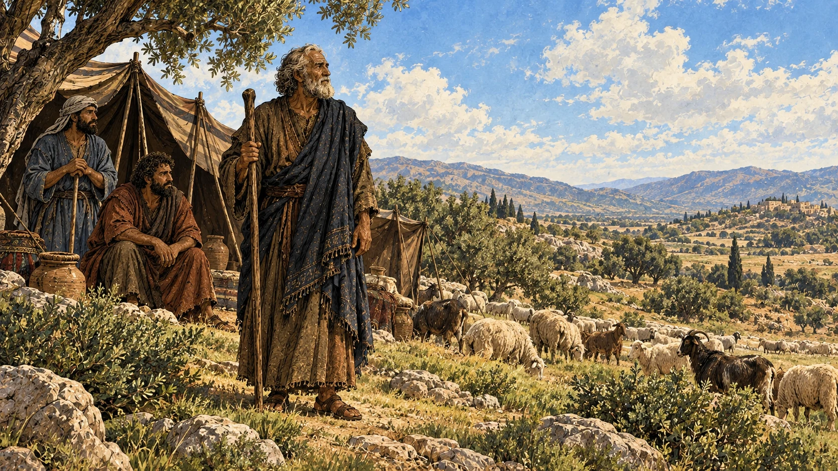 Jacob beside his tents and flock in the land of Canaan.