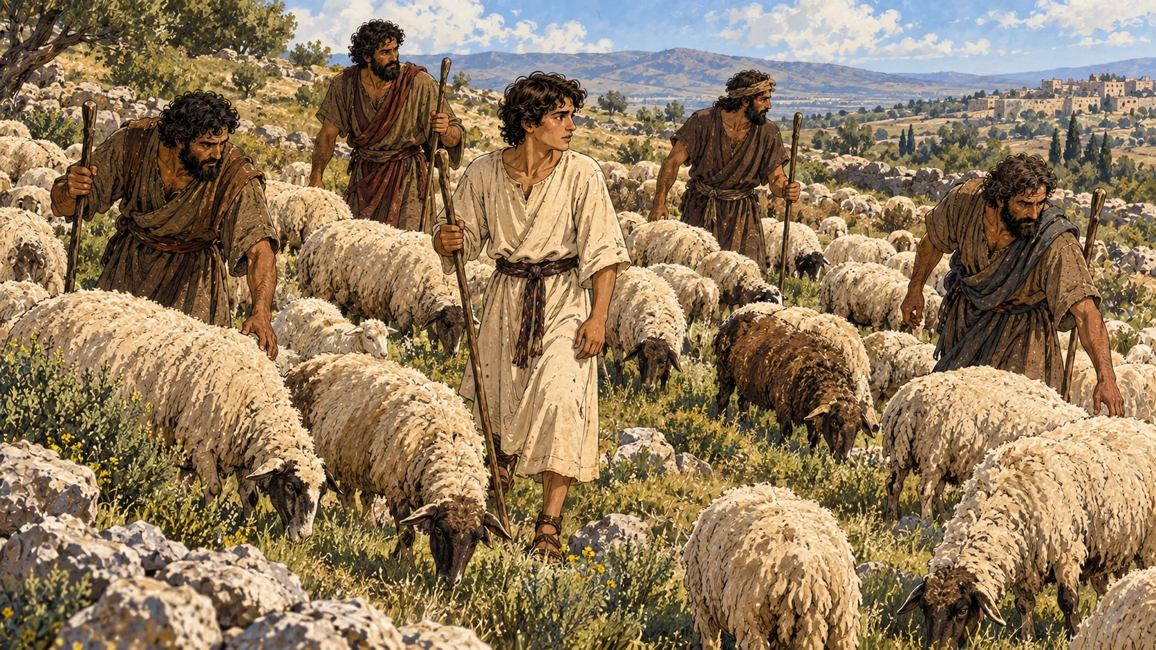 Young Joseph shepherding among his adult brothers and sheep.