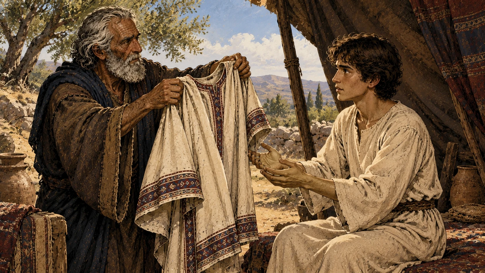 Jacob presents Joseph with a cream robe bearing burgundy and blue ornamentation.