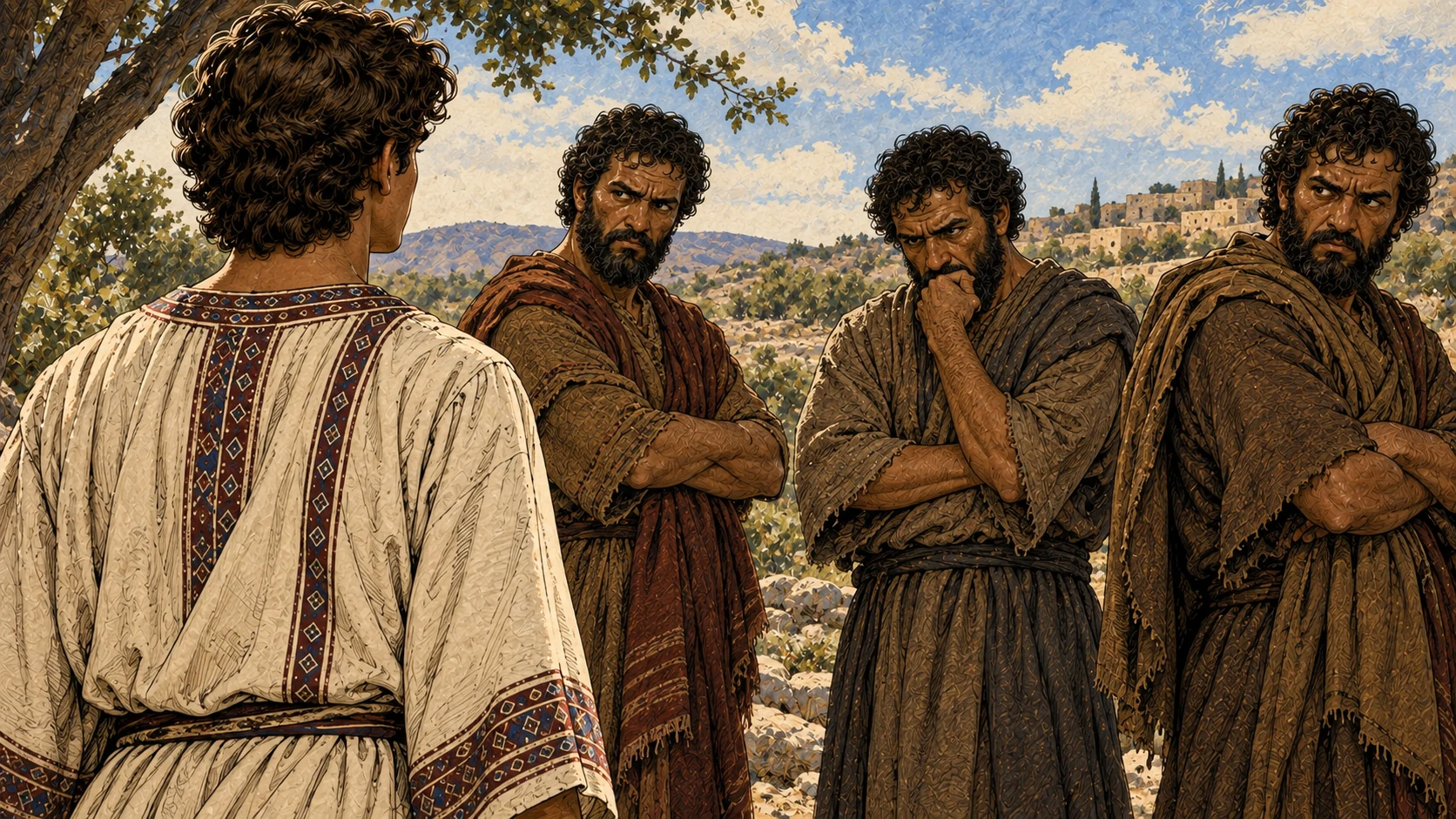 Joseph faces brothers whose guarded gestures show their resentment.
