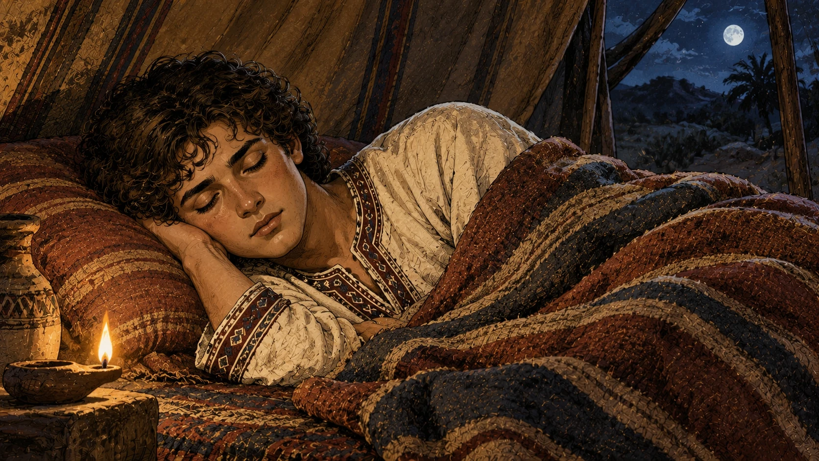 Joseph sleeping inside his tent before recounting his dream.