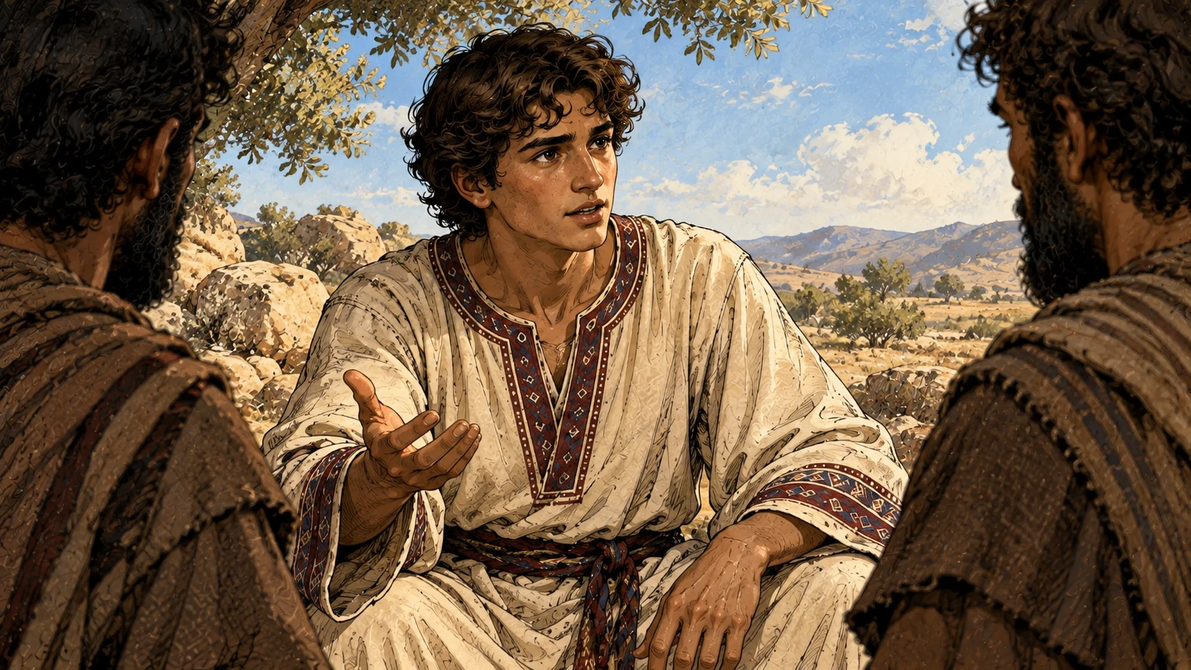 Joseph asks his brothers to listen, an open hand extended toward them.