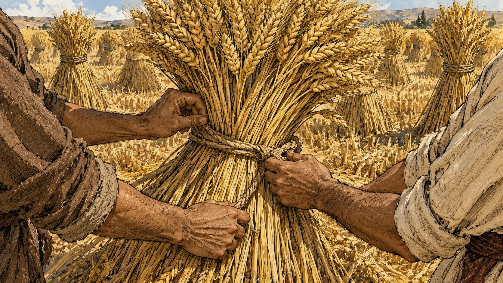 Dream imagery: clothed workers’ hands bind harvested wheat into a sheaf.