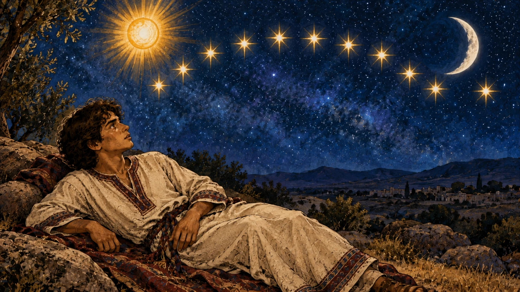 Dream imagery: one sun, one moon, and eleven prominent stars above Joseph.