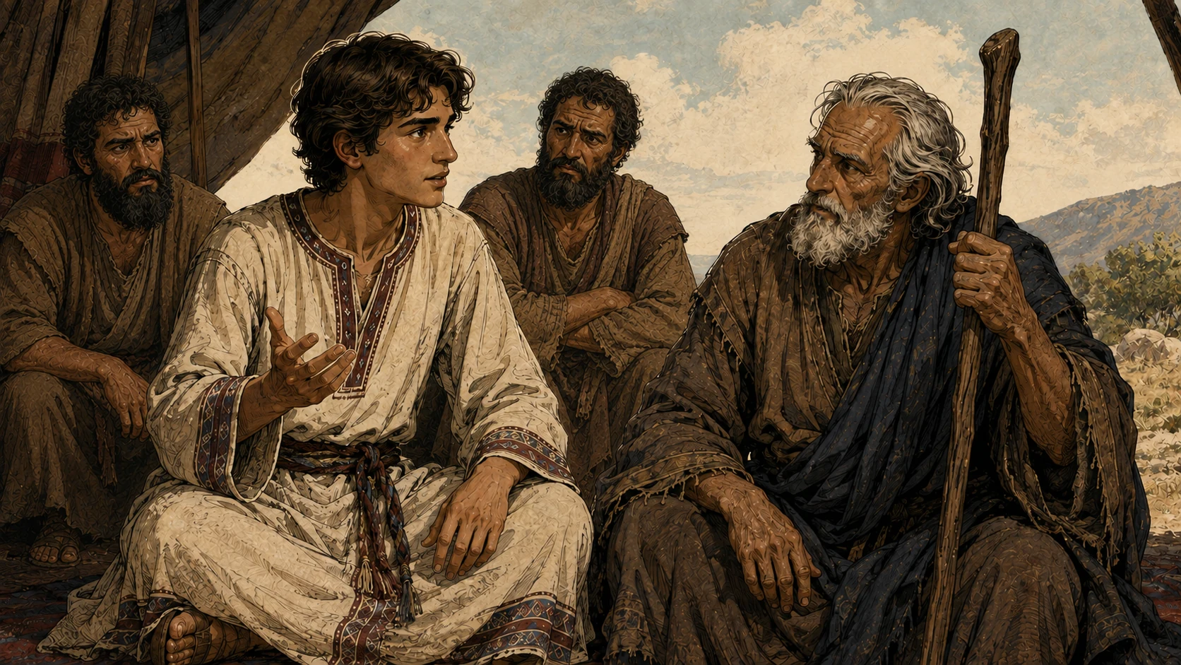 Jacob challenges Joseph as he tells his dream before his father and brothers.