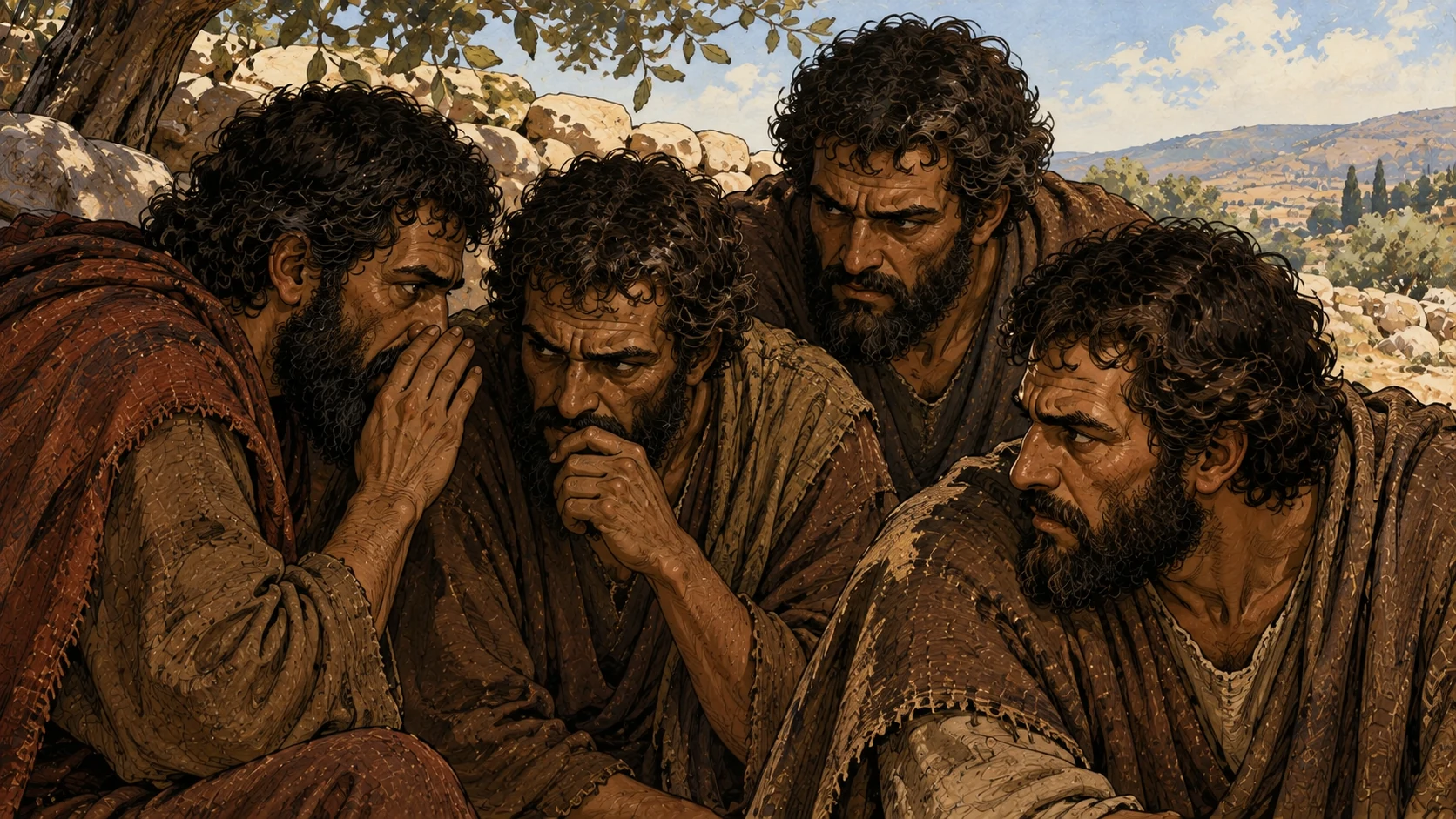 The brothers confer with jealous, guarded expressions.