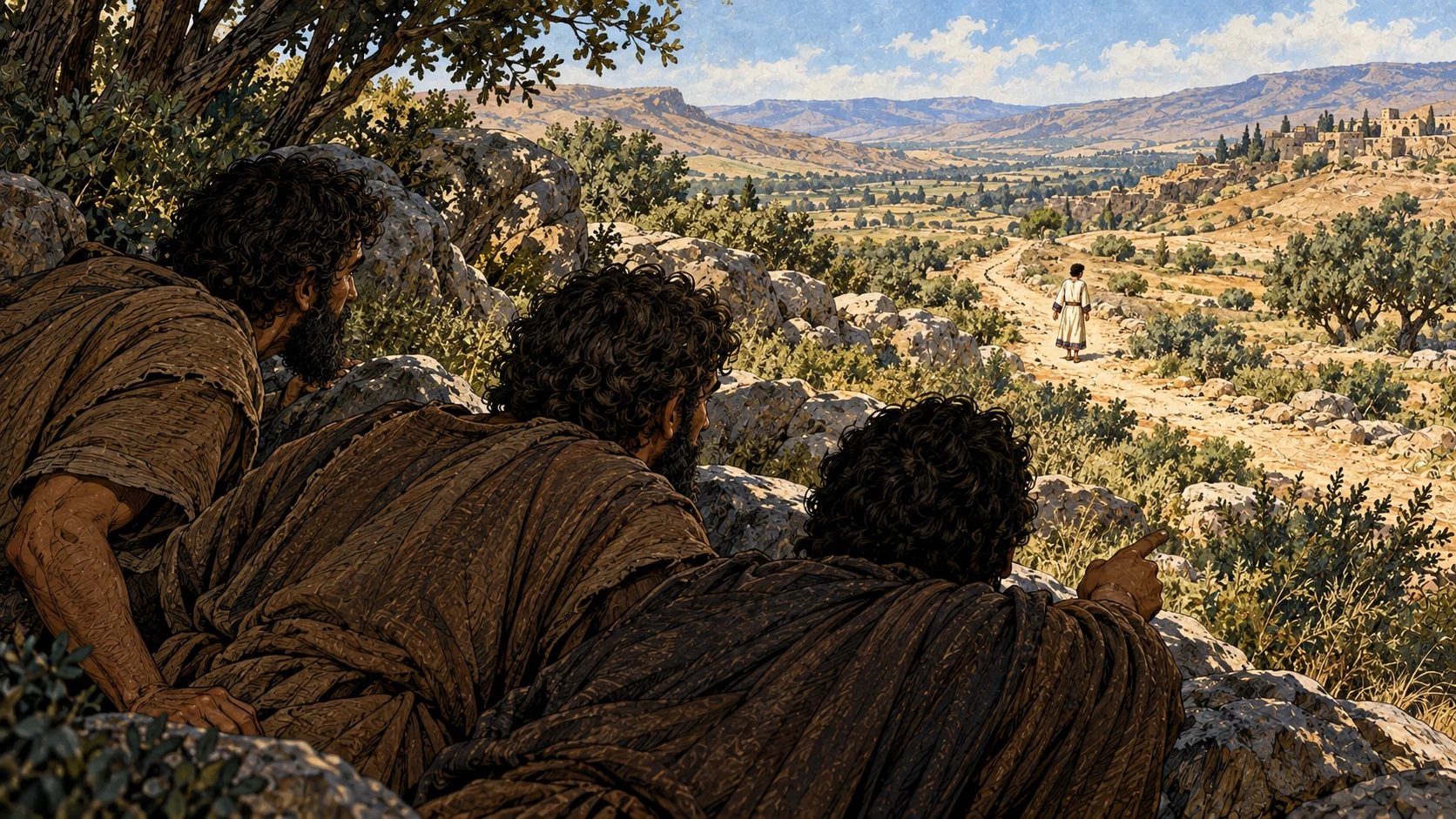 The brothers watch Joseph approaching from far away while conferring together.