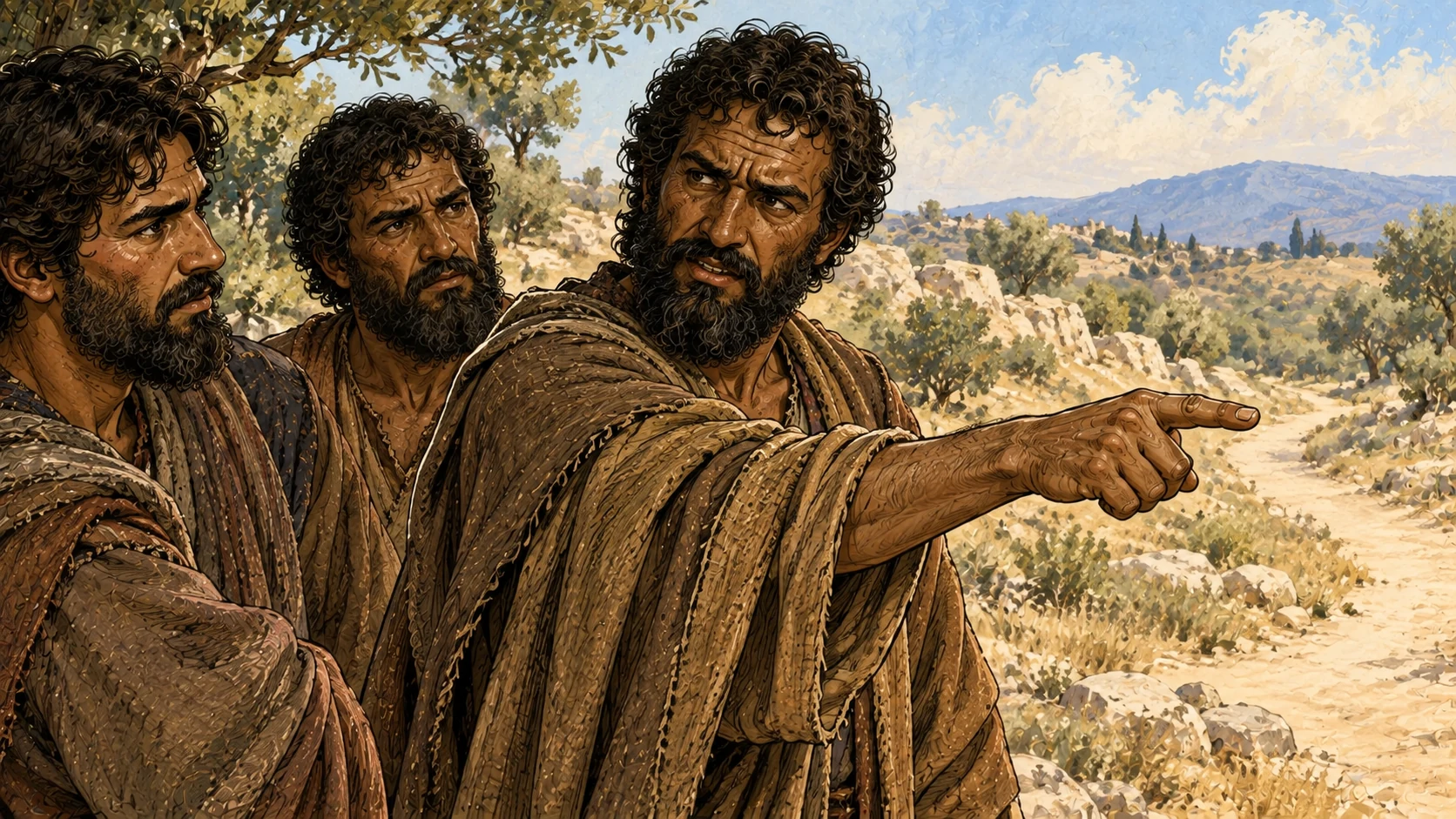 A brother points toward the approaching dreamer while mocking him.