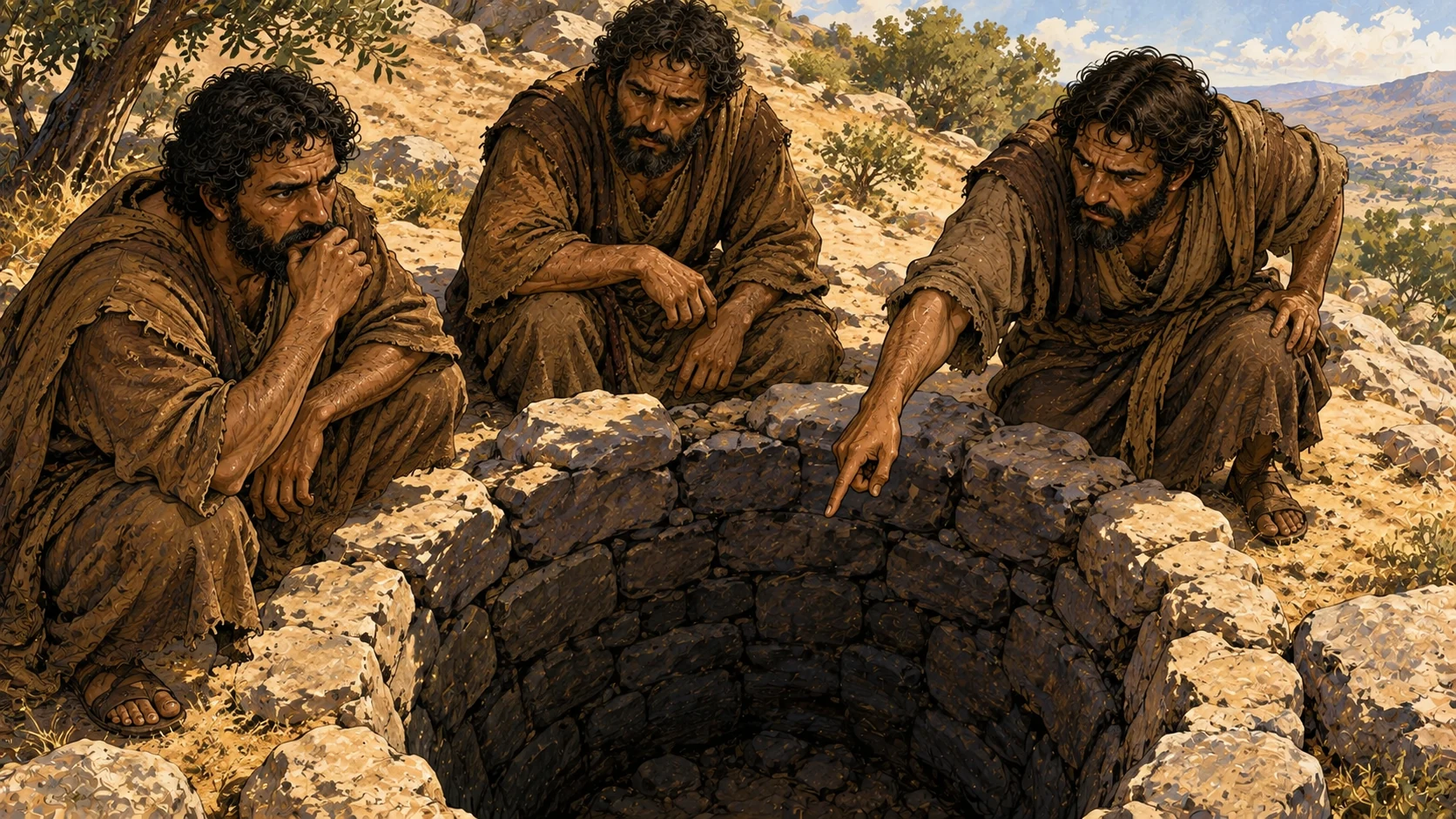 The brothers discuss their plan near a still-empty wilderness pit.