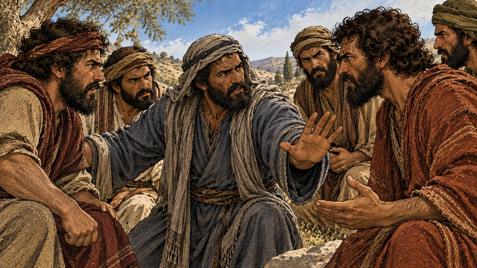 Reuben raises an open palm while intervening in his brothers’ murderous plan.