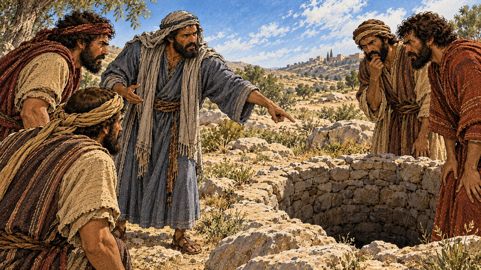 Reuben points to the pit while urging his brothers not to shed blood.