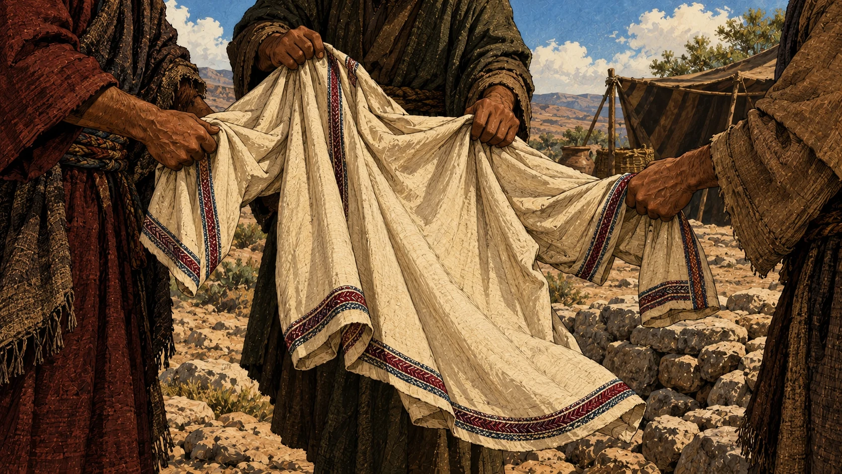 The brothers hold Joseph’s ornamented outer robe after taking it from him.