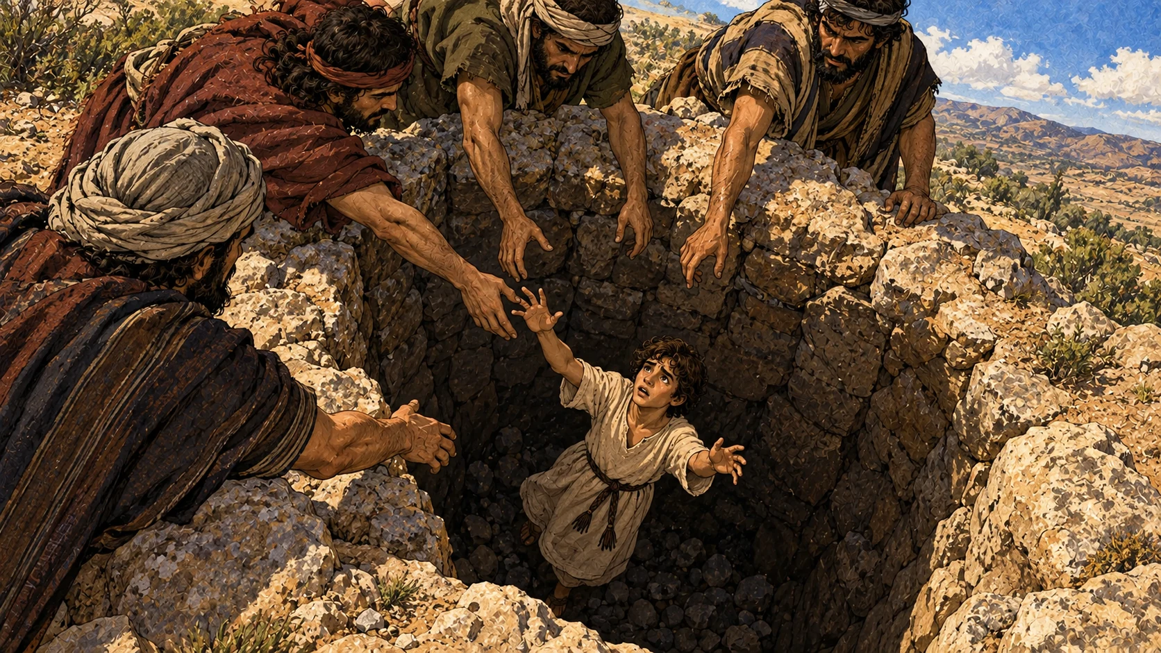 Joseph stands below the pit’s rim with his brothers above; no hands grasp him.
