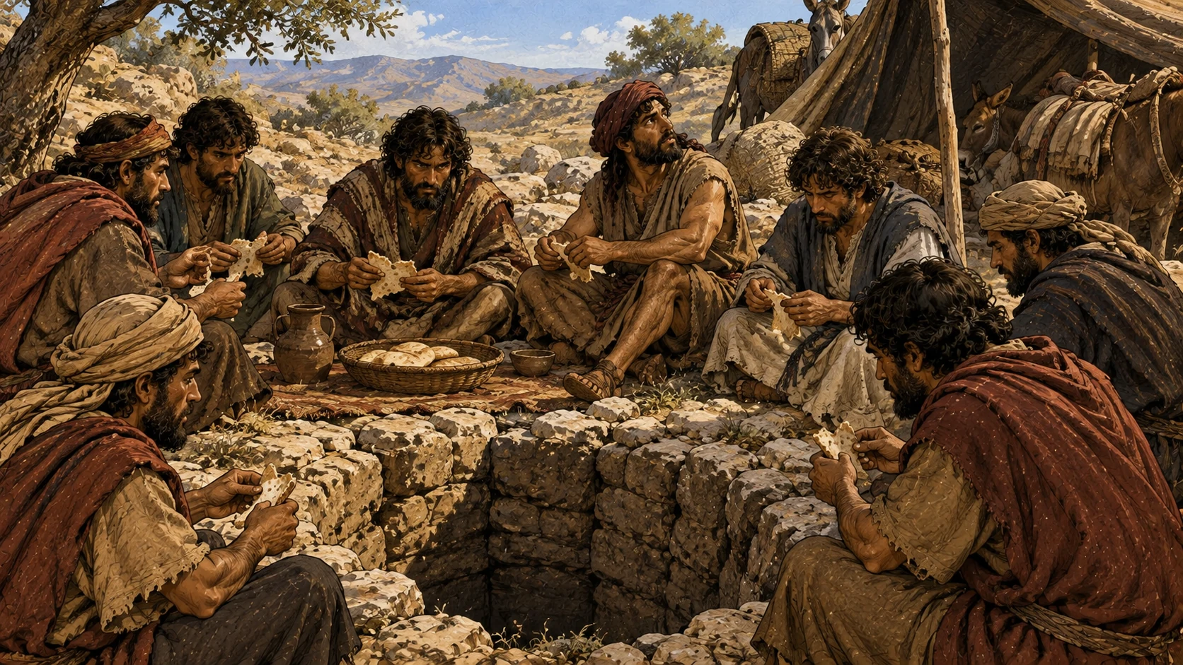 The brothers eat bread beside the pit while Joseph remains below.