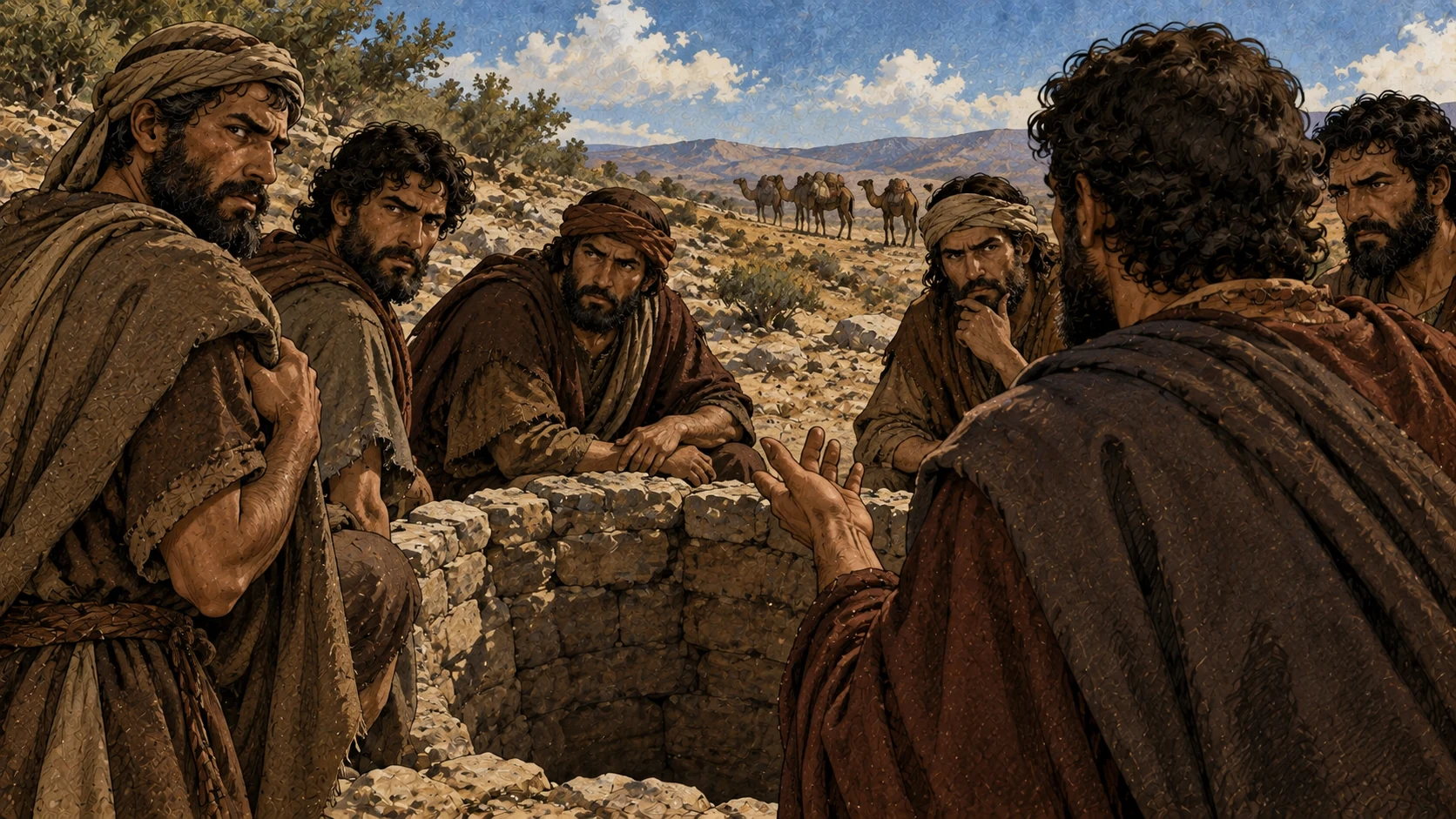 Judah’s brothers listen to his proposal to sell Joseph.