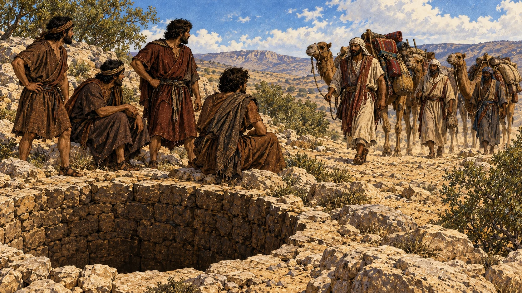 Traders approach the brothers near the pit; Joseph is still out of sight below.