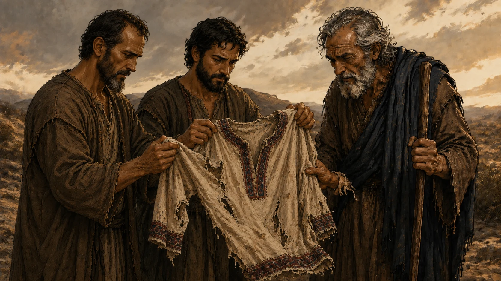 Jacob studies and recognizes Joseph’s tunic as his sons hold it before him.