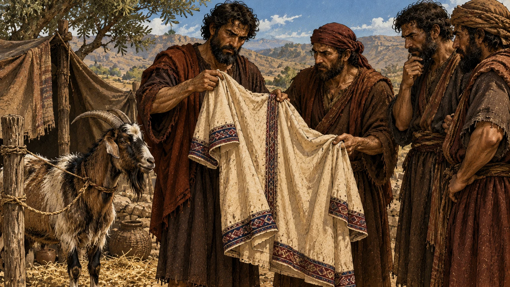 The brothers hold Joseph’s ornamented tunic beside a living male goat.