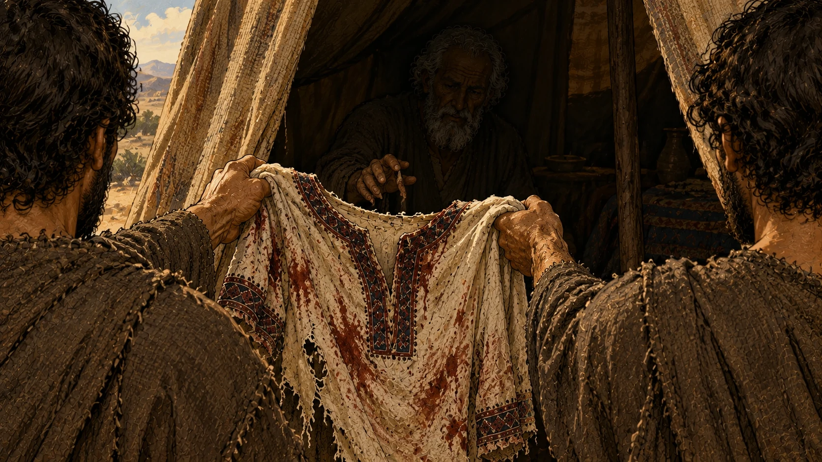From behind the sons, their hands offer the stained tunic to Jacob inside his tent.