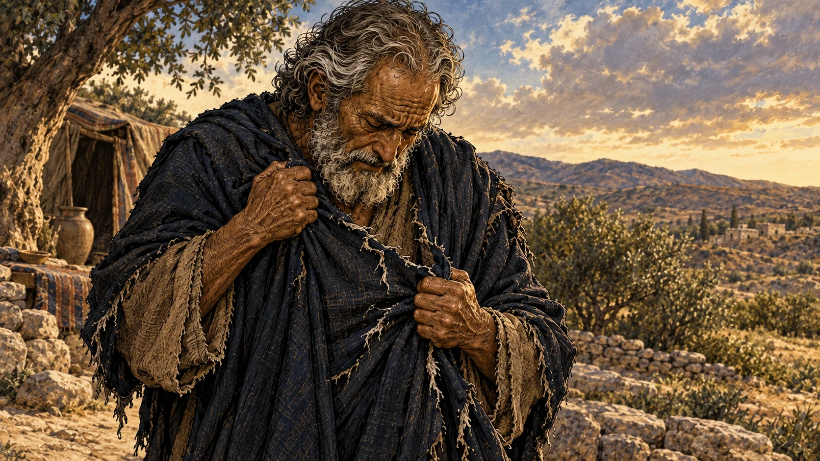 Jacob tears his own outer garment in grief.