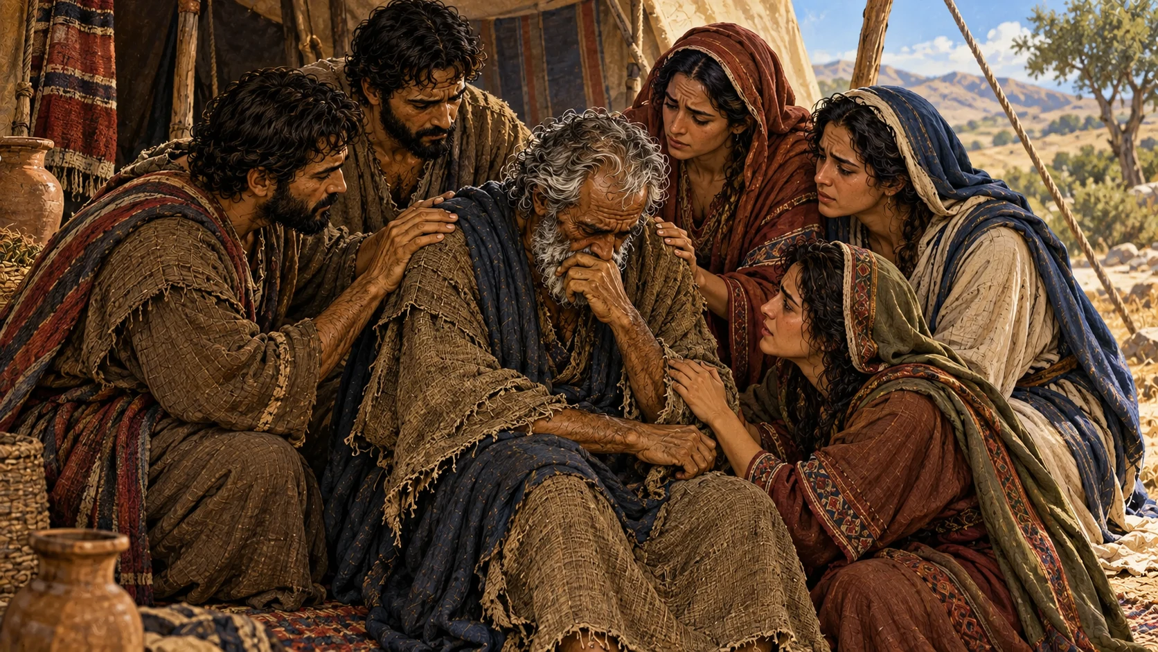 Jacob’s sons and daughters gather around him and try to console him.