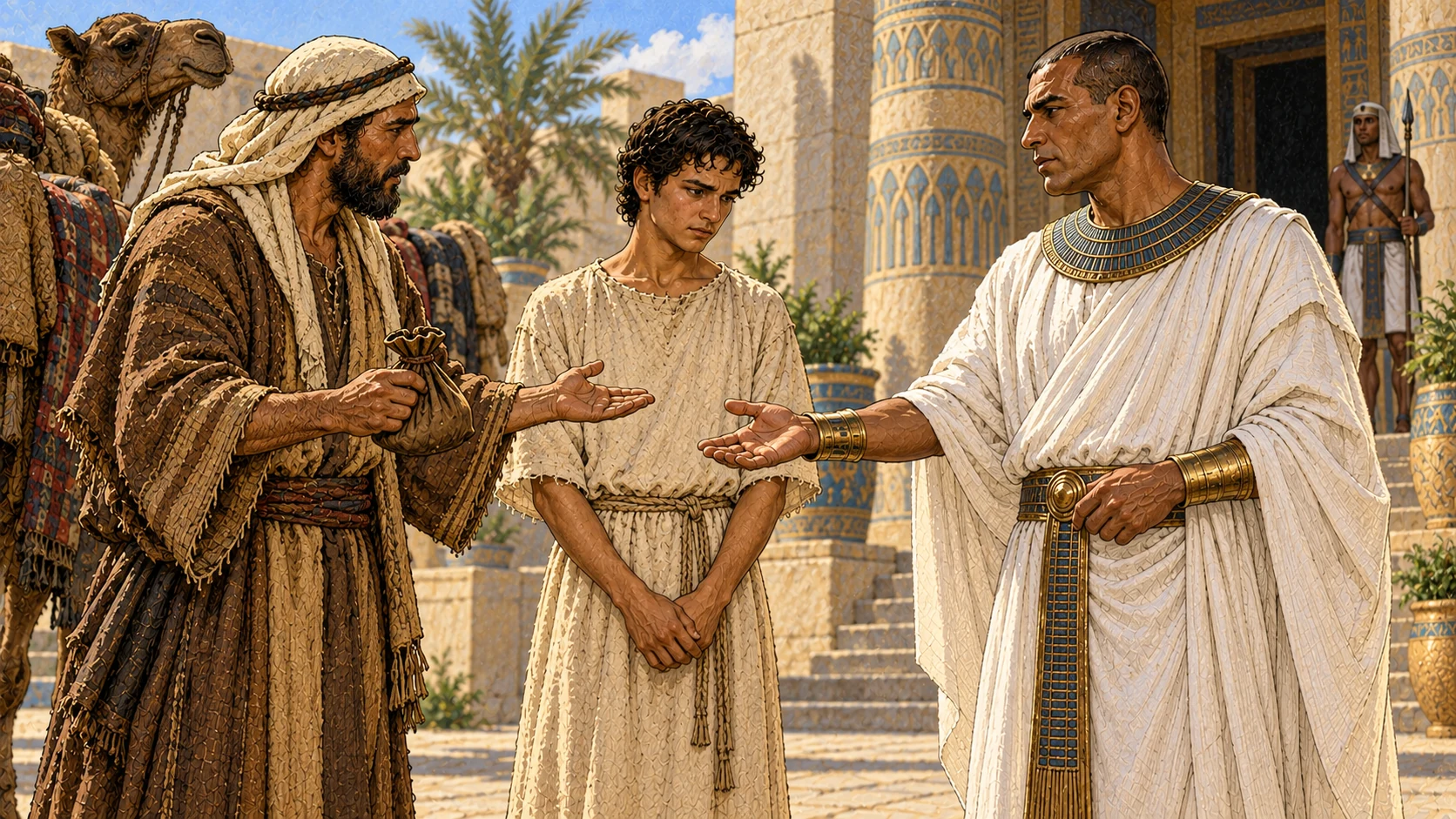 A traveling merchant presents plain-clothed Joseph to Potiphar in an Egyptian courtyard.