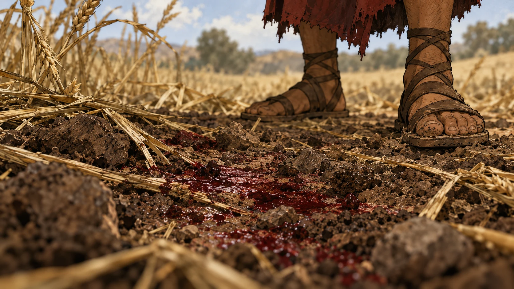 Blood darkens ordinary soil among crushed stalks beside Cain's sandaled feet.