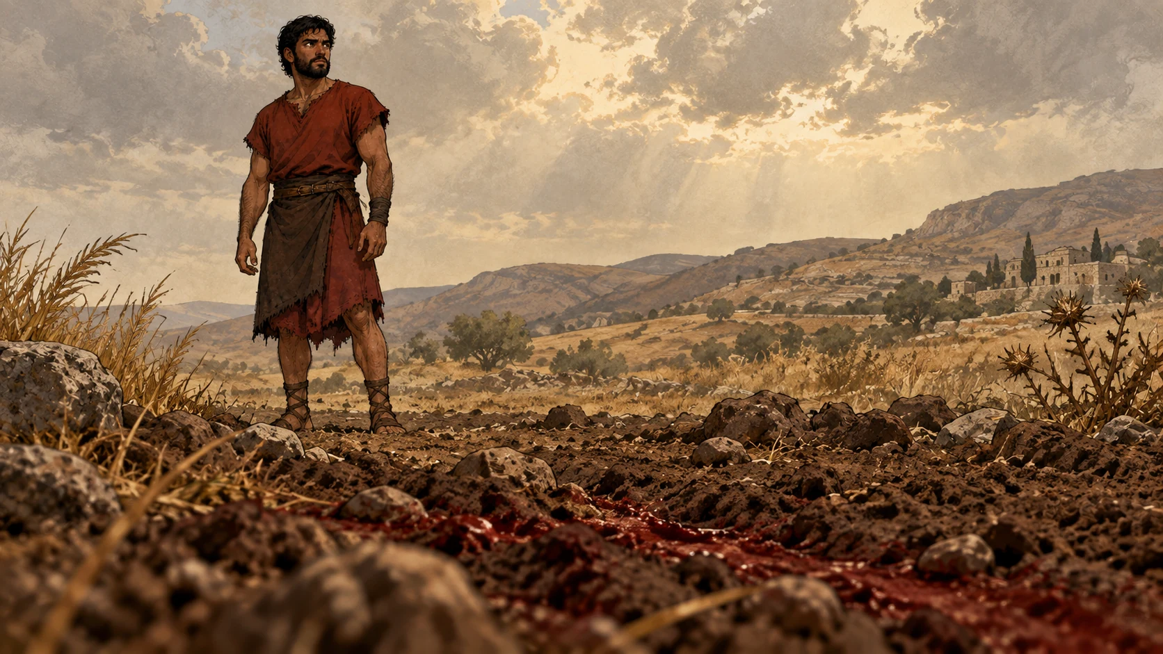 Cain stands in a rocky field beyond soil darkened by his brother's blood.