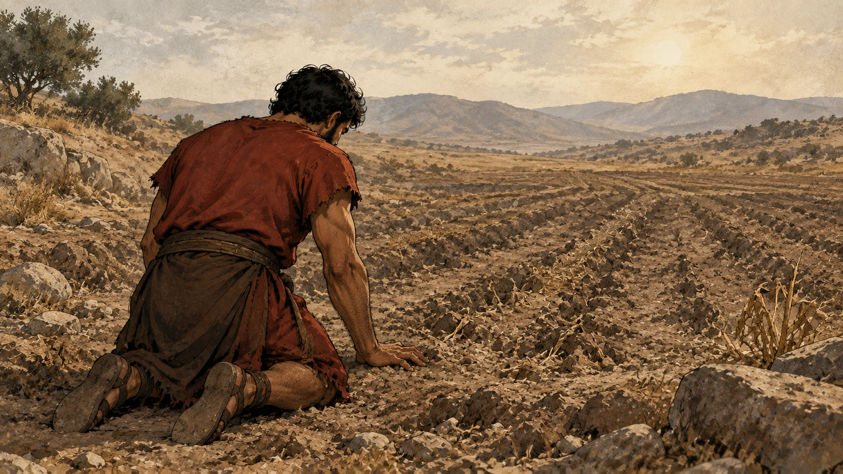 Cain kneels beside barren furrows with his hands resting on the dry earth.