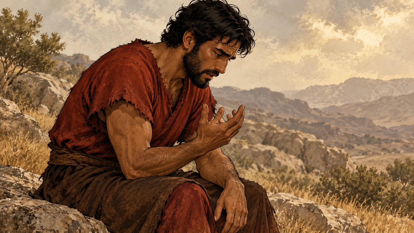 Seated Cain bows his shoulders and raises one open hand in distress.