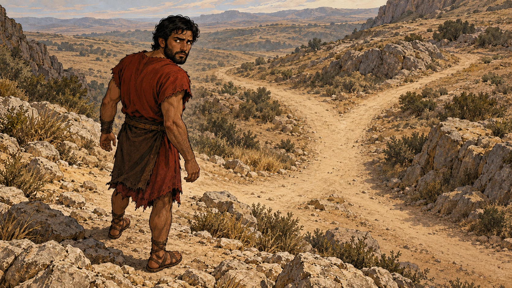 Cain looks warily back across a lonely rocky path.