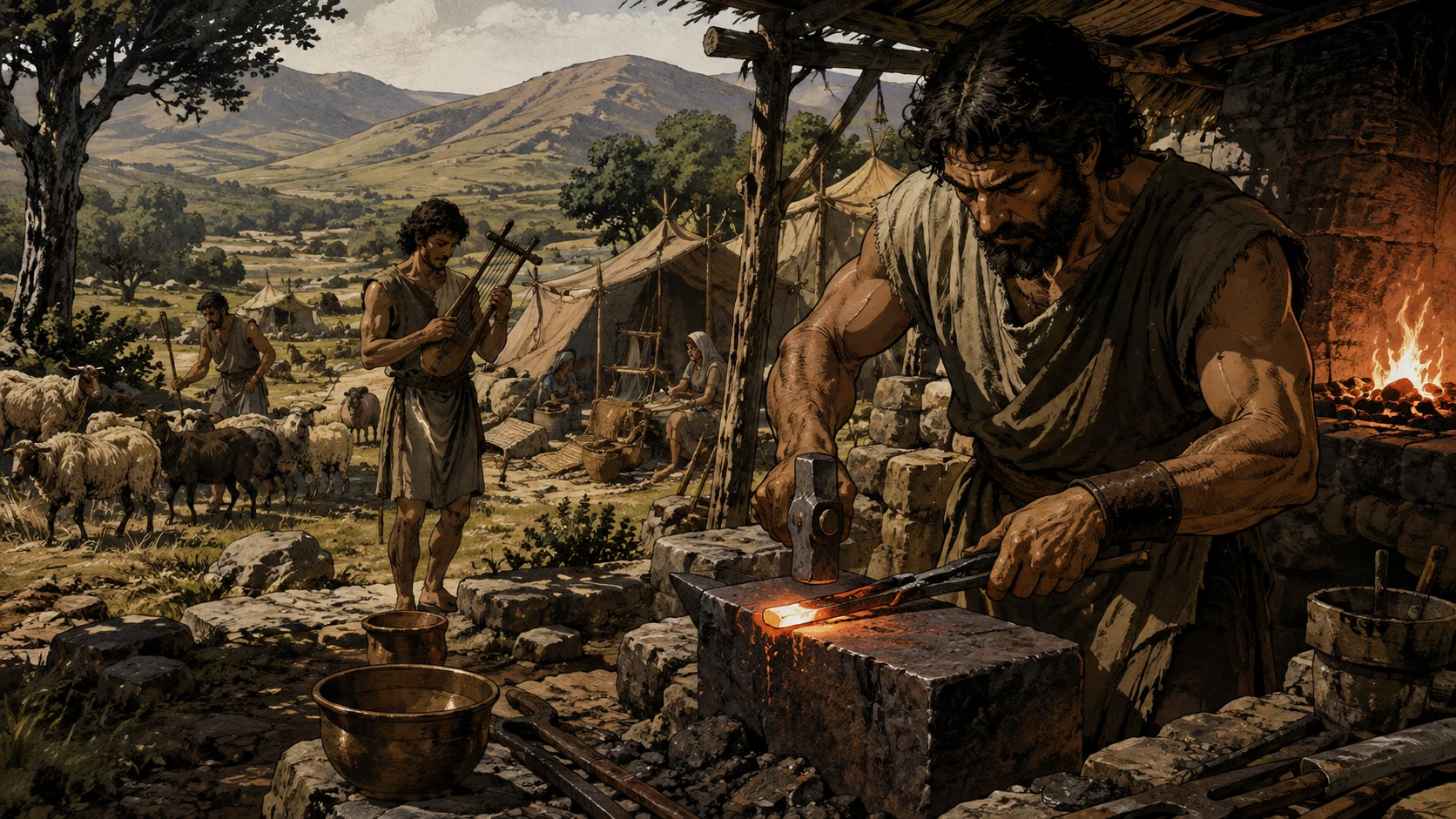 Contextual view of early settlement life: a bronze and iron smith works a small forge in the foreground, a musician holds a simple stringed instrument beside pastoral tents farther away. Anonymous figures represent the crafts and livelihoods listed in the genealogy; no implied simultaneous gathering of named ancestors. No lettering.
